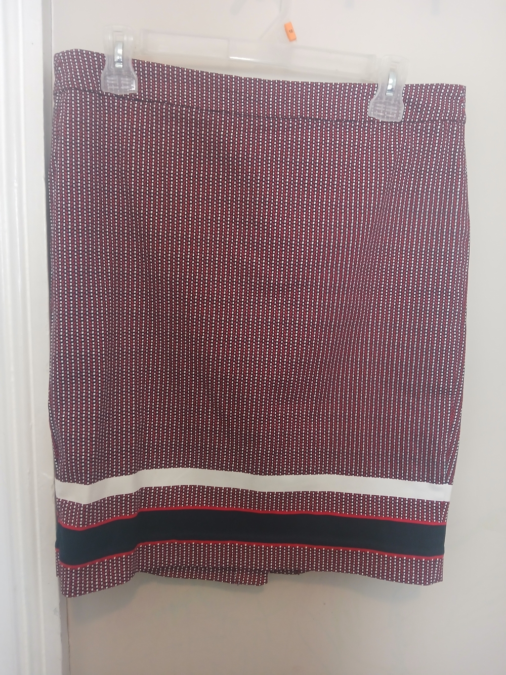 Tommy Hilfiger High Waisted Red Patterned Pencil Skirt with Stripe Hem